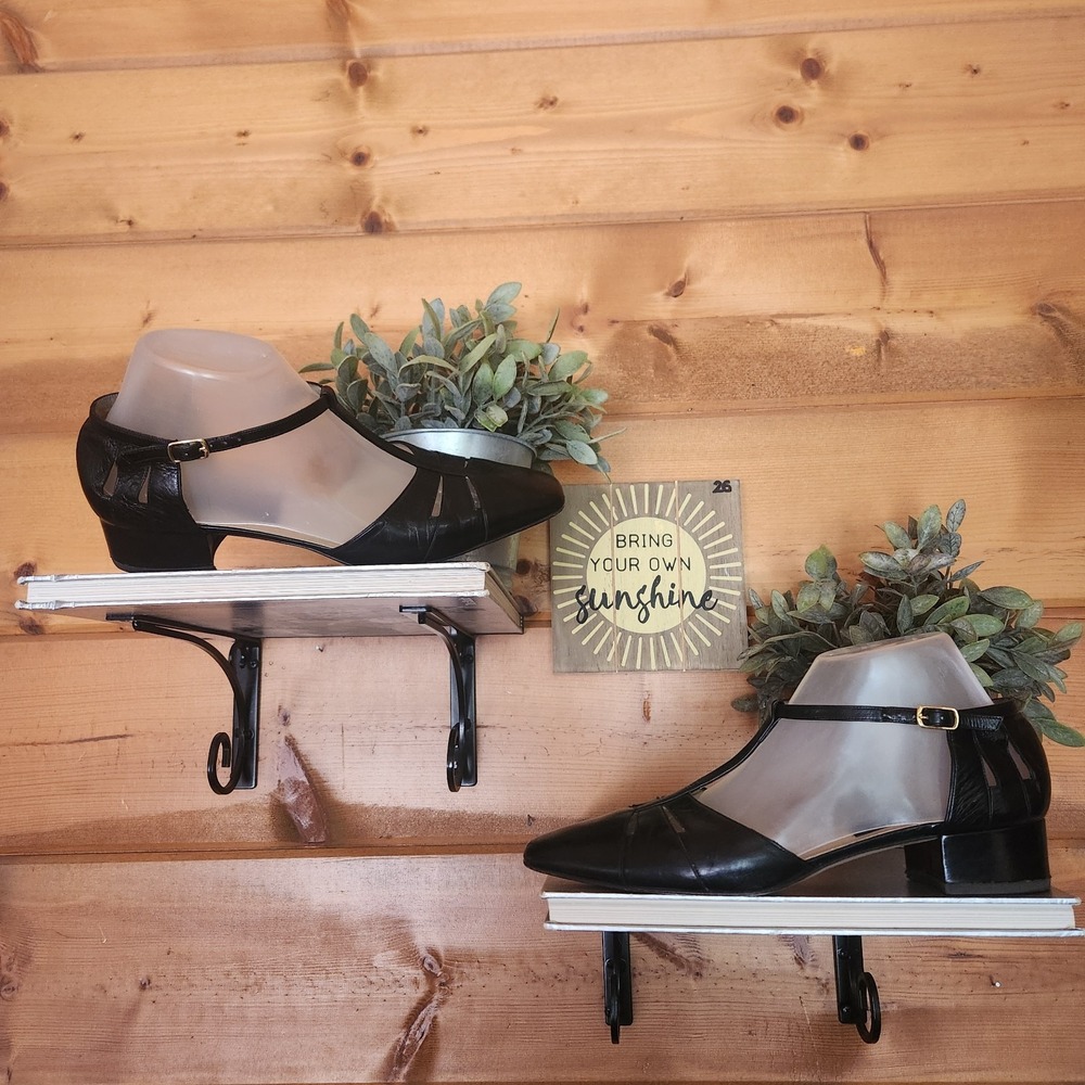 Joel Parker Vintage Black Leather Heels TStrap Cutout D'Orsay Italy Sz 9.5 B